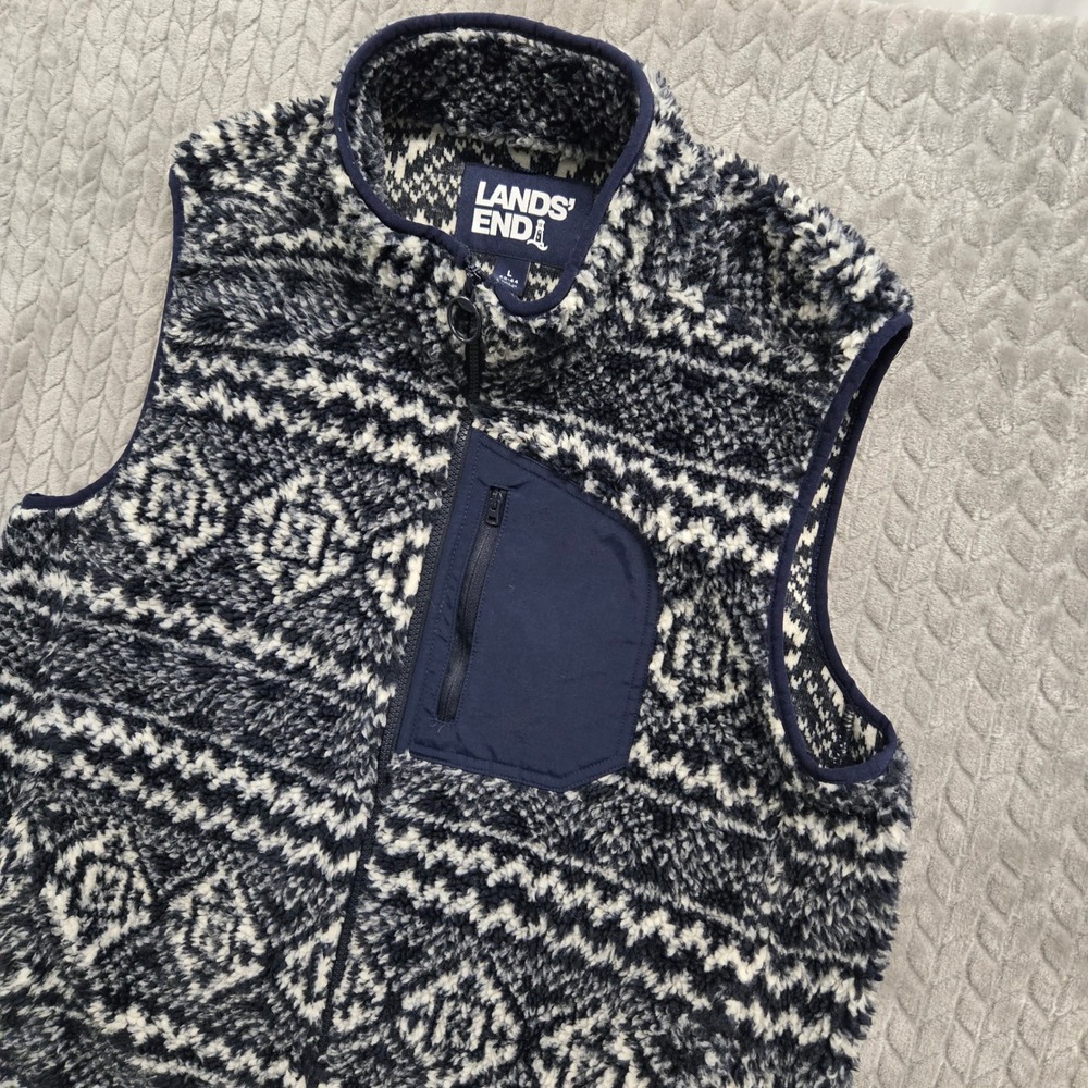 Lands End Mens Fleece Vest Nordic Fair Isle Pattern Full‎ Zip Blue White Size L